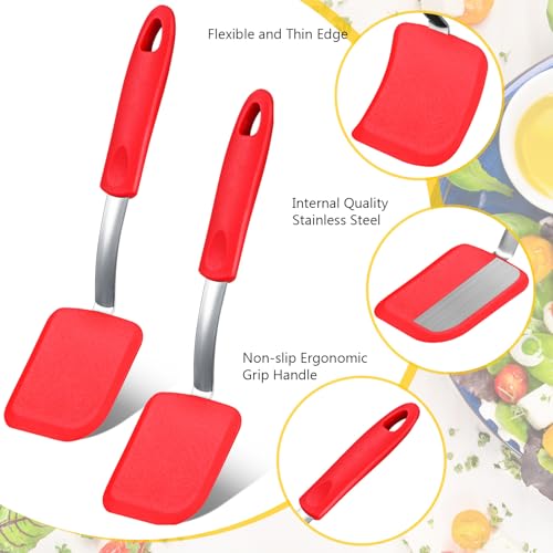 Silicone Cookie Spatula Turner 2 Pack Mini Brownie Spatula Flexible Kitchen Small Silicone Turner for Nonstick Cookware Heat Resistant No Scratch Flipper for Egg(Solid Flat,Red) - color: Red