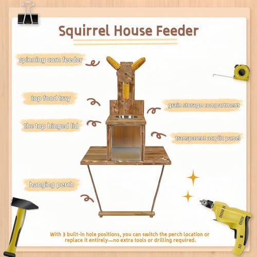 Multifunctional Squirrel Feeder with 3 Ears Spinner Corn Cob Holder | 3-in-1, detachable acrylic viewing panel, hanging perch, peanut tray, easy clean, attracts backyard wildlife