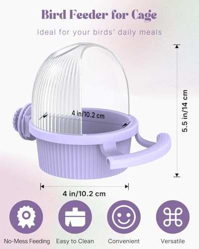 Pawfly No Mess Bird Feeder with Water Dispenser, Food and Water Bowl for Parakeet, Parrot, Cockatiel, Budgie and Lovebird, 4" D x 5.5" H Bird Cage Feeder - color: Purple