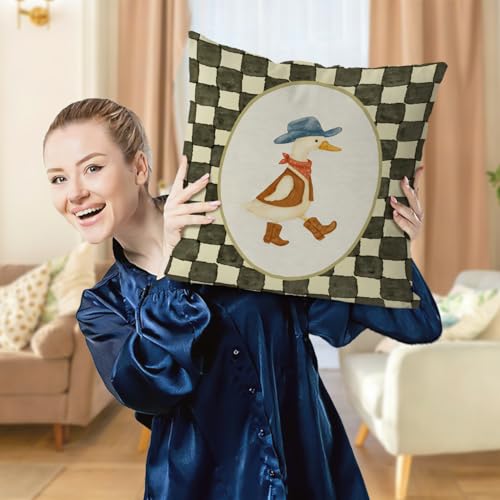 Western Cowboy Goose Nursery Pillow Cover 18x18, Whimsical Farmhouse Country Wild West Goose Retro Checkered Decorative Throw Pillow Cover for Home Nursery Kids Room Bedroom