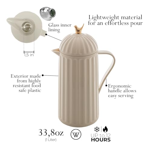 WOLFF 1 Liter White Bird Thermal Coffee Carafe, Plastic Exterior with Glass Lining Insulated Beverage Dispenser for Hot and Cold Drinks, Thermos Bottle for Tea, Water Pitcher - White, 34floz/1L - color: White