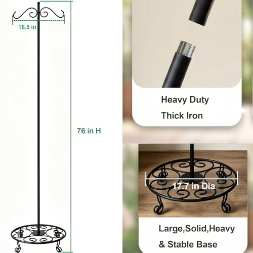 76" Shepherd's Hook with Flat Base Adjustable Heavy Duty Double Hook | Freestanding,For Outdoor Indoor,Holds Bird Feeders, Wind Chimes, Lanterns, Garden Decor