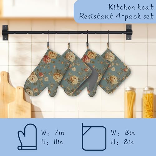 Oven Mitts and Pot Holders Sets,Vintage Rose Flowers Thick Cotton Kitchen Oven Mitt Set,Rustic Floral Waterproof Anti-Slip Silicone Mittens for Baking,Cute Cooking Utensils Set for Bakeries Barbecues - color: Vintage Rose Flowers