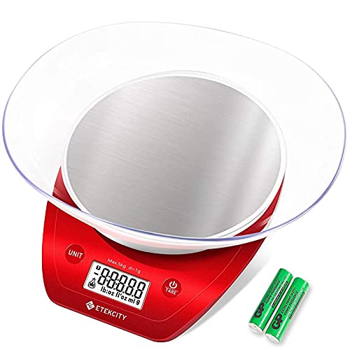 Etekcity Food Kitchen Scale with Bowl, 0.1g, Grams and Ounces | 11lb/5kg capacity with tare, removable bowl, ideal for baking, coffee, meal prep and portion control, Stainless Steel, Red - color: Chili Red