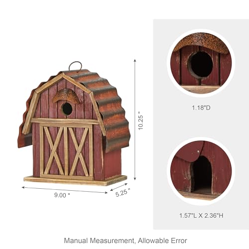 Glitzhome 10.25" H Hanging Birdhouse Washed Red Distressed Solid Wood Barn Decorative Outdoor Garden Bird House - color: Washed Red
