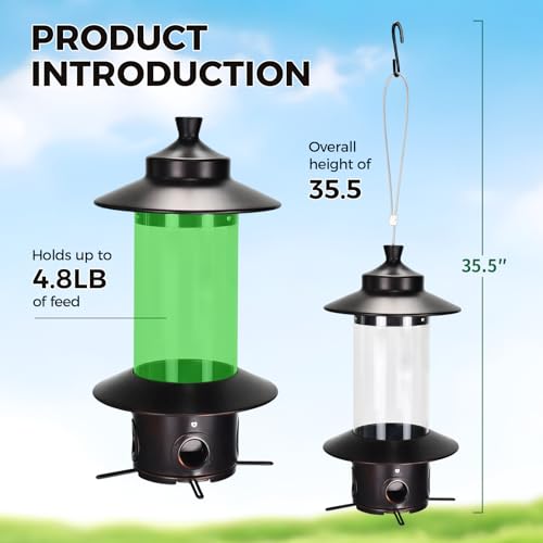 Squirrel Proof Bird Feeders for Outdoor: 4.8LB Large Capacity Hanging Bird Feeder, Weight-Activated Mechanism Wild Bird Feeders, Chew-Proof Metal Birdfeeder for Finch Cardinal Chickadee - color: Brown
