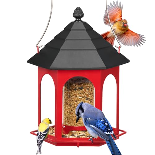 Kingsyard Metal Bird Feeder for Outdoors Hanging, 3 lbs Seed Feeder, Wild Bird Feeders for Garden Cardinal Finch Bluebird, Easy to Fill & Clean, Red - color: Red