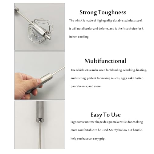Stainless Steel Semi-Automatic Whisk Set of 2, Push Egg Whisks Hand Mixer for Eggs, Milk, Kitchen Manual Blender (10&12 Inch) - color: Silver1 (10&12in)