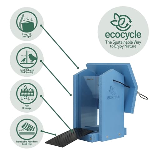 Tasty Tidbit Recycled Plastic Bird Feeder with Fresh Seed Tray for Wild Birds and Outdoor Décor, 0.875 Quart Capacity, Blue