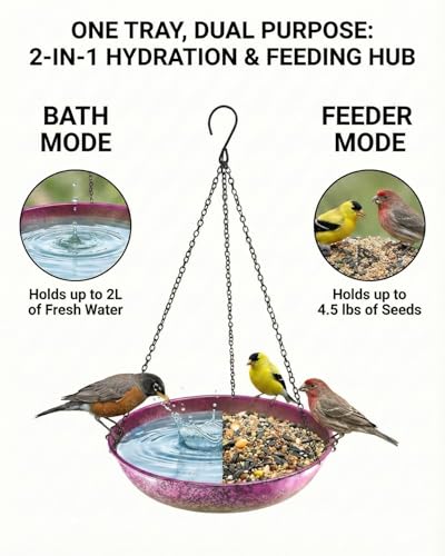 Hanging Bird Bath for Outside Iridescent Metal Feeder Tray with Hand-Painted Pink and Green Gradient 11" Decorative Birdbath for Wild Birds to Bathe & Drink Garden Decor for Patio & Yard - color: Pink Green Gradient