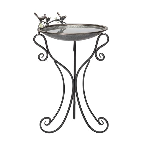Alpine Corporation Vintage Metal Birdbath with Twigs and Bird Figurines - Iron Outdoor Decor for Garden, Patio, Deck, Porch - color: Silver