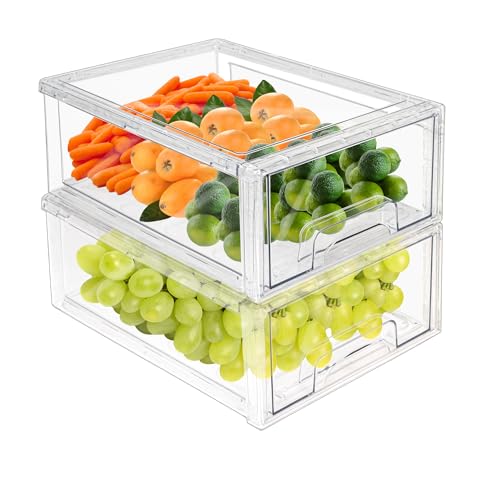 MANO 2Pack Clear Fridge Drawers Pull Out Stackable Refrigerator Drawer Organizer Bins Pantry Storage Box Plastic Food Containers for Kitchen Bathroom Office Closet (2pack Large) - style: 2pack-L-NEW