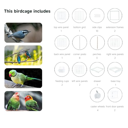 40 Inch Medium Small Bird Double Cage for Parrot Lovebirds Finches Canaries Parakeets Cockatiels Budgie Parrotlet Conures, w/Detachable Standing Perches, Snow White