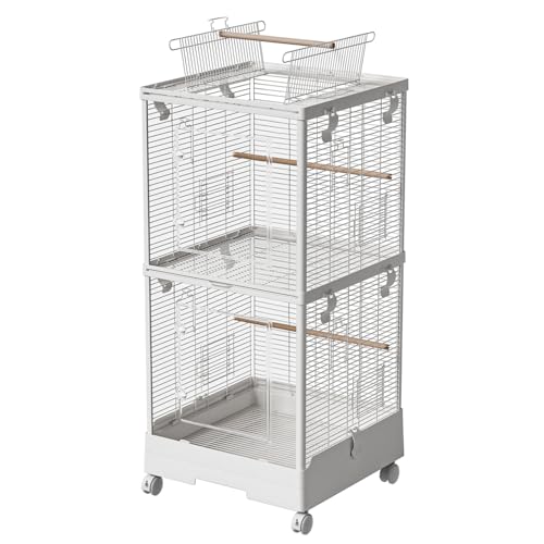40 Inch Medium Small Bird Double Cage for Parrot Lovebirds Finches Canaries Parakeets Cockatiels Budgie Parrotlet Conures, w/Detachable Standing Perches, Snow White