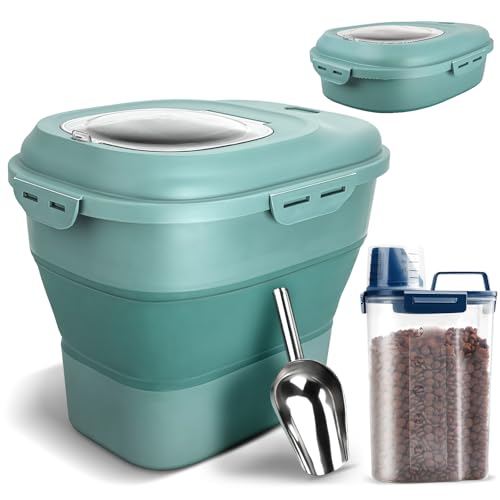 TIOVERY Dog Food Storage Container, Airtight Collapsible 13lb to 30lb Pet Food Container with Flip Top, Rolling Wheel, Scoop and 3L small container for Dog Cat Food and Dry Food of Rice, Flour - color: Green