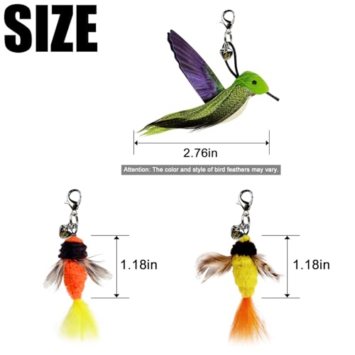 TTcat Cat Toy Hummingbird Refill Attachments with Bell & Feather, Replacement Bird Wand Toy Accessories for Interactive Cat Teaser Stick, Soft Furry Bird Kitten Chase Play Toys for Indoor Cats. - color: 3Pcs (Insects+Hummingbird)
