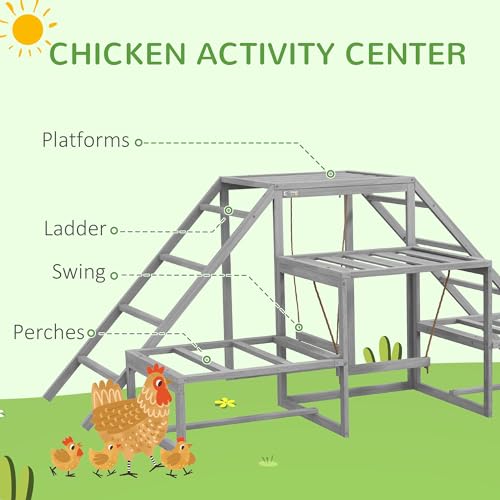 PawHut Chicken Toys for Coop, Chicken Swing Set, Chicken Coop Accessories for Poultry Run with Perches, Wood Stand, Ladder, Platforms, for 10-15 Chickens, Gray | Toys, Coop Accessories for Poultry Run, Ladder, Platforms