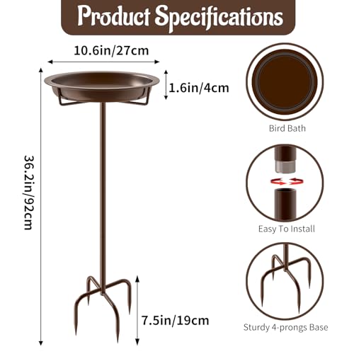 Metal Bird Bath for Outside, 36.2" Height Birdbath Bowl Standing Bird Feeders for Outdoors with 4 Prongs Base Stake, Freestanding Birdfeeders for Garden Yard Lawn Decor (Brown) - color: Brown