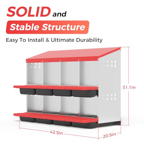 Garvee 8-Hole Chicken Nesting Box with Removable Lid, Metal Chicken Coop with Roll Away Design/Easy Egg Collection/Ventilation Holes, for Chicken Coops, Duck Coops and Hens (RED) - color: RED, size: 8-Hole