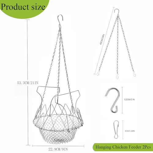 chicken treat dispenser hanging, 9.5in Large Foldable Chicken Ball Vegetable Treat Holder Ball with Hanging Stainless Chain,Sturdy Poultry Cabbage Feeder Basket for Chicken Coop(2 Pack Large)