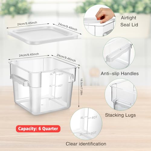 FoldTier 2 Pieces Square Food Storage Containers Polycarbonate Clear food Container with Lid Commercial Storage with Graduations for Commercial Kitchen Dough Marinating Meat(White,6 Qt) - color: White, size: 6 Qt