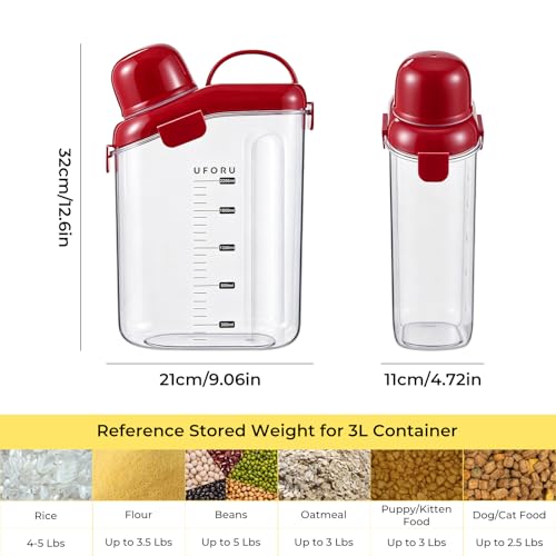 UFORU Cereal Container Storage,Rice Dispenser with Airtight Lid for Kitchen | Clear food storage container with easy pour design for rice, cereal, grains, flour, keeping pantry shelves neat and organized - color: 3L Red
