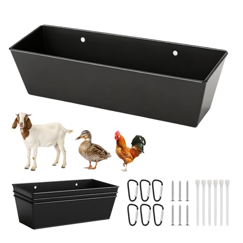 3-Pack 6 Qt Metal Hanging Feed Troughs for Goats, Ducks and Livestock | Rust-resistant iron, 4 drain holes with plugs, fence or wall mount hardware, for sheep, piglets, poultry and dry feed
