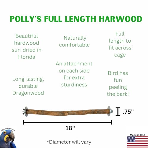 Polly's Full Length Hardwood Cage Perch for Parakeets, Cockatiels, Cockatoos, Macaws, and Other Birds (18") - size: 18"