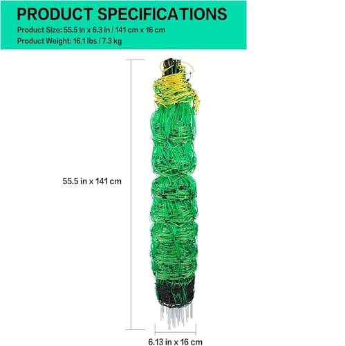 Electric Poultry Netting, 49.6" H x 164' L, Electric Chicken Fence with 14 Posts Double Spiked, Utility Portable Mesh for Chickens Sheep Hogs Goats Deer Dogs Lambs Used in Backyards Farms Ranches