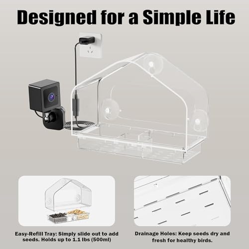 Window Bird Feeder with Strong Suction Cups & Smart Waterproof Bird Camera | 2K Clear Vision, AI Bird Recognition Tech, Real-Time Alerts, Easy to Use, Detachable Tray, 2.4G, USB Powered, for Home - color: Black