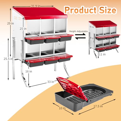 Outvita Chicken Nesting Boxes, 6 Compartments Metal Nesting Boxes for Chickens with Metal Legs, Wall/Floor Mount for Laying Eggs with Swing Perch and Roll Away Egg Collection for Chicken Coop, Red - color: Red, size: 33.5"L x 20.5"W x 37.8"H
