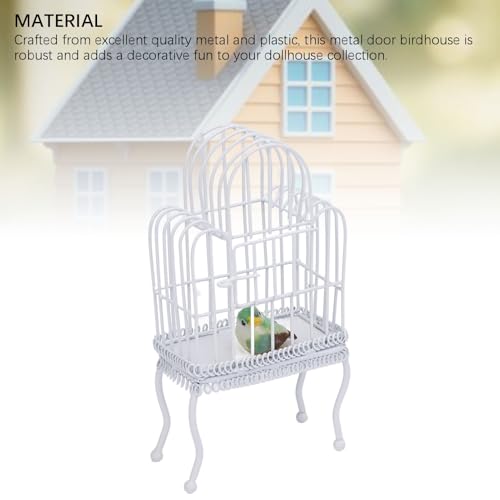 Dollhouse Bird Cage 1:12 Scale Metal Miniature Bird Cage, Realistic Opening Door, Miniature Dollhouse Bird Cage with Artificial Grass Bird Sticker (White)