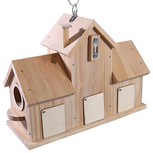 Wooden Birdhouse with Multiple Nesting Compartments, Hanging Bird House, 11.8 x 4.7 x 8.66 Inch