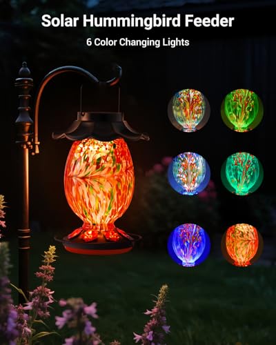 HouseSapp Solar Hummingbird Feeder - 49 fl.oz Hand Blown Glass Color Changing - 7 Feeding Ports with Perch - Never Leak - Perfect Hummingbird Feeder - color: Red