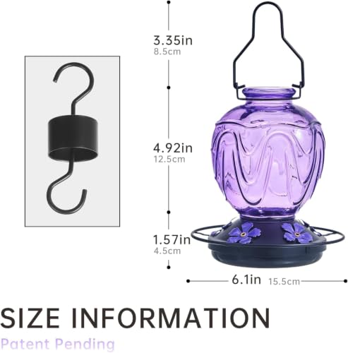 2 Pack Glass Hummingbird Feeder for Outdoors Hanging, 24Ozs Humming Bird Nectar Feeder w/Perch, 5 Flower Feeding Ports, Leak Proof Base and Hook for Outside Garden Backyard Decor, Purple - color: Purple-2