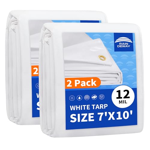 RAINDEWAY 7' X 10' (2 Pack) White Heavy Duty Waterproof Poly Tarp Cover | 12 Mil Extra Thick,Finished Size,UV Resistant,Weatherproof,with Metal Grommets and Reinforced Edge - color: White, size: 7x10 Feet (2-Pack)-Finished size
