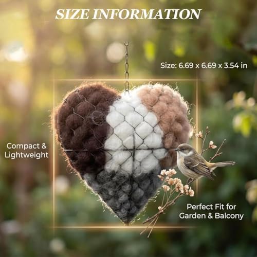Handmade Alpaca Fiber Bird Nesting Heart, Refillable Bird Nesting Heart Outdoor, Outdoor Hanging Decorative Yard Art Provides Shelter House Winter Boxes for Wild Hummingbird