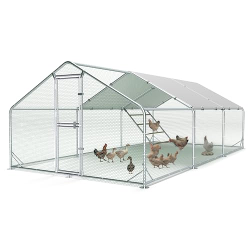 Large Metal Chicken Coop, Outdoor Chicken Run with Cover, 10 x 20 x 6.5 FT | Heavy-Duty Poultry Enclosure & Chicken Pen with Split Doors, Galvanized Steel Frame, Free Wire Mesh Fence and Roosting Ladder - size: 118.1"L x 78.7"W x 235.2"H
