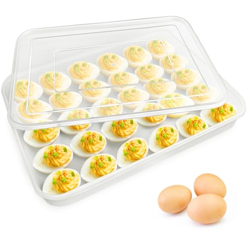 Covered Egg Holder for Refrigerator,30 Deviled Egg Tray with Lid,Plastic Egg Containers,Fridge Egg Dispenser Egg Storage Box - style: Clear-30 eggs