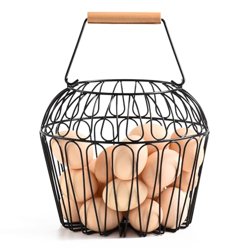 Farmhouse Egg Baskets for Gathering Fresh Egg With Handle, Round Metal Chicken Basket Collecting Fresh Egg Holder for Countertop Kitchen