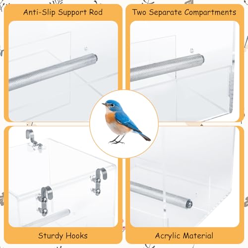 ASelected Clear No Mess Bird Feeder, 6.3in Automatic Bird Feeder for Cage, Acrylic Clear Birds Feeder for Parrots Canary Parakeet Budgerigar Crested Myna Cockatiel Lovebird