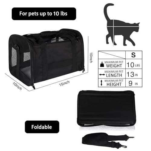 Cat Carrying Case - Pet Carrier Airline Approved, Protable and Breathable Pet Travel Carrier Removable Fleece Pad, Collapsible Cat Carrier Dog Carrier for Medium Cats Small Cats Dogs (Small, Black) - color: black, size: 15.0"L x 10.0"W x 10.0"H