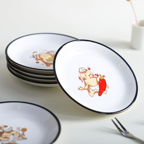Funny Fidgety Chef Cat Pattern Ceramic Sauce Dishes, Seasoning Dishes, Sushi Soy Dipping Bowls, Appetizer Plates, Dessert Plates, Little Cat Bird Feeding Bowls, Set of 6-Chef Cat-5 Inch - color: Chef Cat, size: 5 Inch