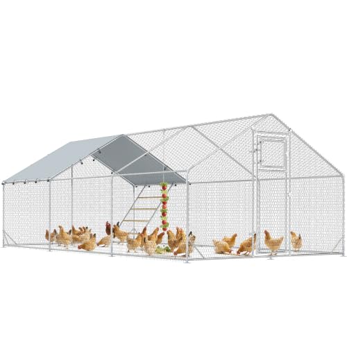 PawHut Large Metal Chicken Coop, Walk in Chicken Run with Waterproof & Anti-UV Cover, Feeding Door, Hanging Feeder, Perch, Outdoor Duck Cage Rabbit Hutch Pen, for 18-24 Poultries, 9.8' x 19.7' x 6.4' | Walk in Chicken Run, Waterproof & Anti-UV Cover, Hang
