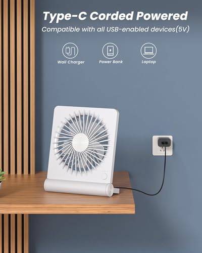 Koonie USB Desk Fan, Strong Wind Ultra Quiet Small Mini Fan | 220° Tilt Folding & 3 Speeds Adjustable, USB-C Powered Personal Fan for Home Office Desktop, White, NO BATTERY - color: White, size: 5.7 inch