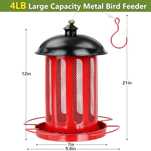 Bird Feeder, 4LB Large Capacity Bird Feeders for Outdoor Hanging | Heavy Duty Metal, 4 Perches, With Drain Holes, Wild Birdfeeder, For Outside Garden Yard Decor, Retro Lantern Shape - color: Red