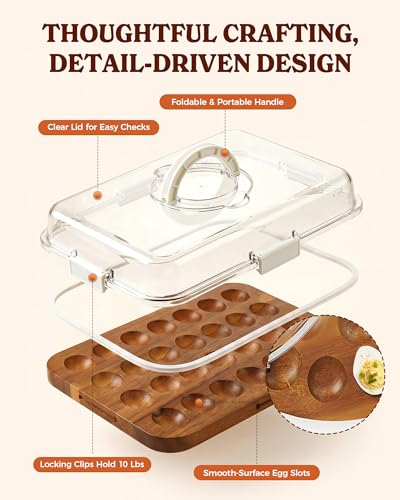 Deviled Egg Containers with Lid, Double-Sided Locking Design | Portable Acacia Wooden Base with 28 Slots, Deviled Egg Platter Carrier Holder Trays, for Party and Home Kitchen - color: White