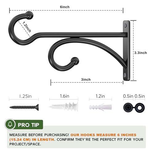2Pack 6 Inch Plant Hangers Outdoor, Wall Hooks for Hanging Planters Baskets | Heavy-duty metal, indoor outdoor wall mount, for flower pots, wind chimes, lanterns, bird feeders, Black - size: 6Inch 2Pack-Black