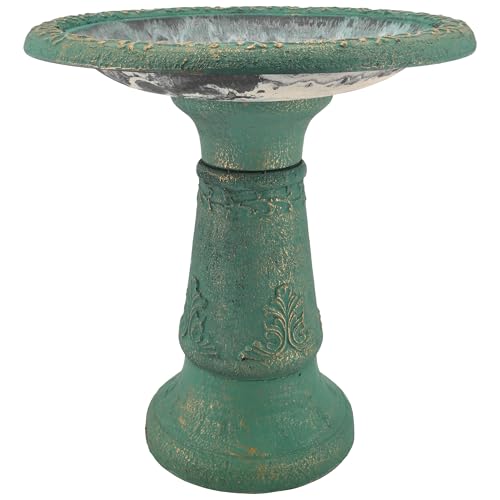 Arcadia Garden Products BB04 Fiberclay Bird Bath Outdoor Garden Decor, Antique Vintage Weather Resistant Water Bowl for Backyard and Patio and, 20-inch Tall, Green - color: Green