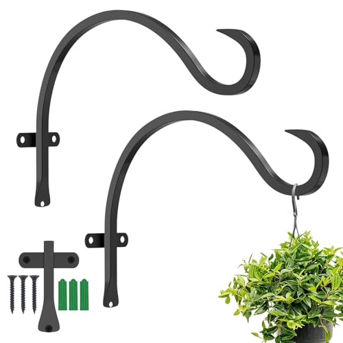 12 Inch Heavy Duty Plant Hanger Wall Hook 2 Pack - Black Iron Hanging Plant Bracket Holds 44 lbs - Rust Resistant Indoor Outdoor Hooks for Bird Feeders Lanterns Wind Chimes Hanging Baskets with Screws - size: 2 Pieces